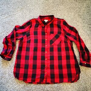 True Craft Plus Size Red Black Plaid Challis Camp Shirt Buttondown Preppy 3X